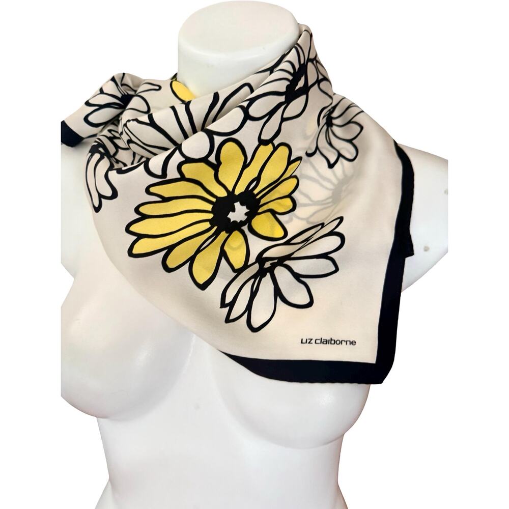 Vintage Liz Claiborne 90s Silk Daisy Print Scarf Black White Yellow 26 Inch - Picture 8 of 14